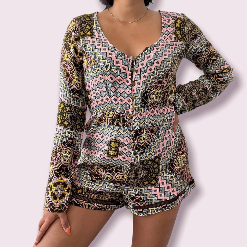 MinkPink Black and Pink Geometric Full sleeve Women’s Romper